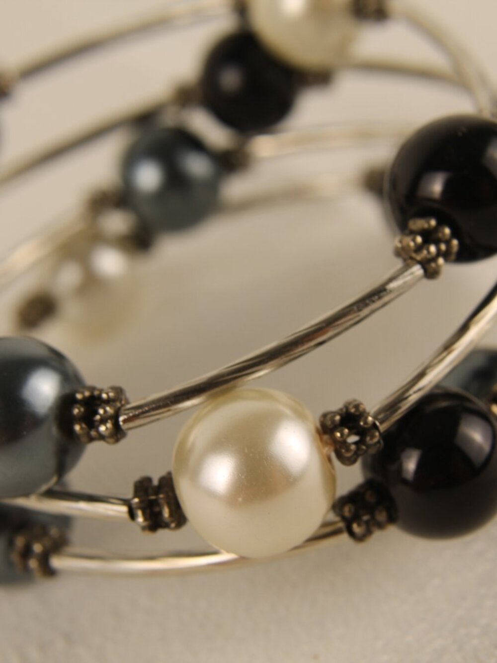 Vintage 3-Row Faux Pearl Memory Wire Wrap Bracelet - Black, White, & Gunmetal